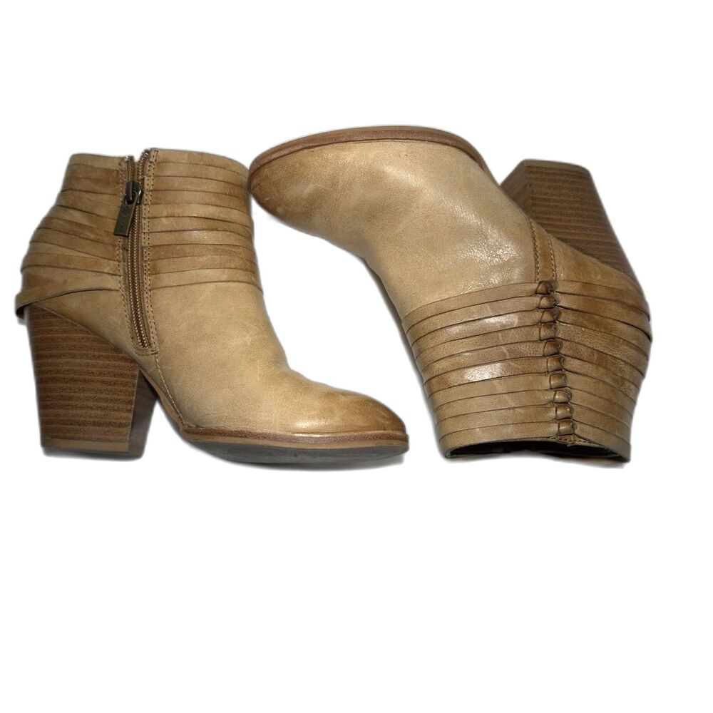 ISOLA Women’s 7.5 Tan Leather Ankle Booties Pointed Toe Side Zip Block Heel